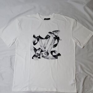 Louis Vuitton White Crewneck T-Shirt with Black Bird & Ribbon Graphic